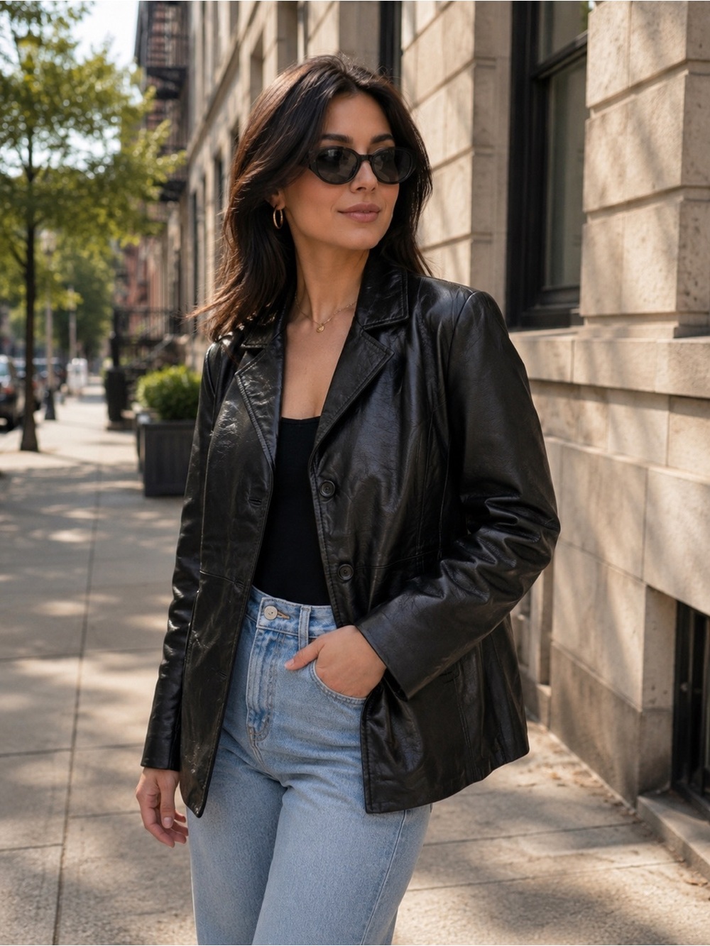 Excelled Collection Black Leather Button-Up Blazer/Jacket